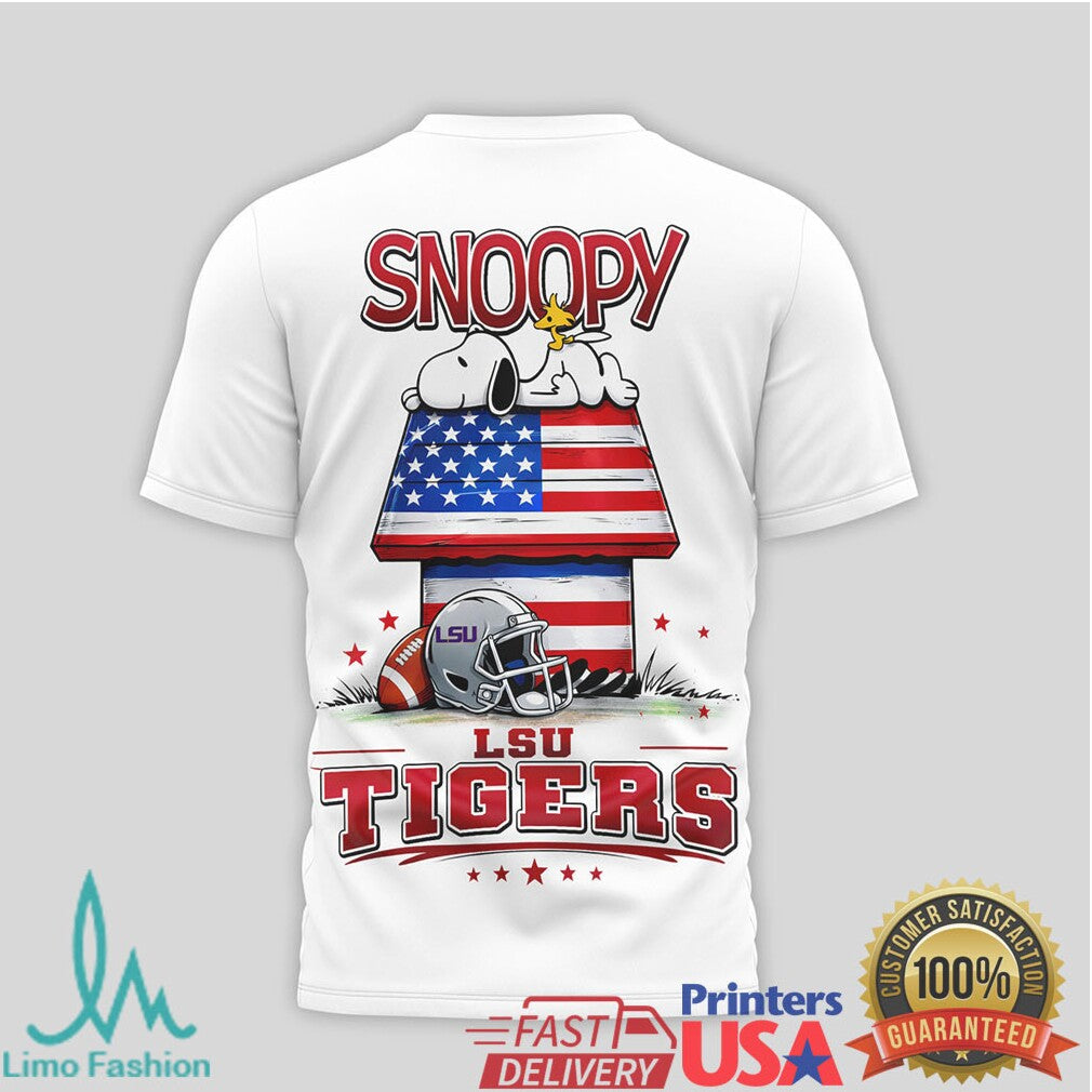 Snoopy & Charlie Brown LSU Tigers US Flag Football T Shirt - Limotees LLC