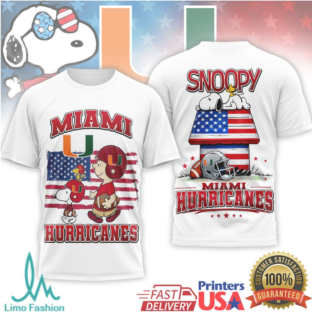 Snoopy & Charlie Brown Miami Hurricanes US Flag Football T Shirt - Limotees LLC