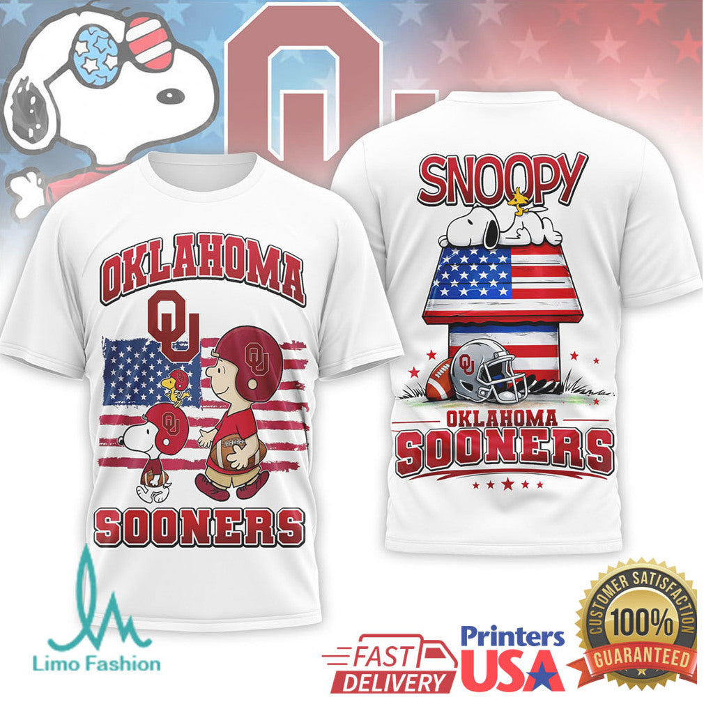 Snoopy & Charlie Brown Oklahoma Sooners US Flag Football T Shirt - Limotees LLC