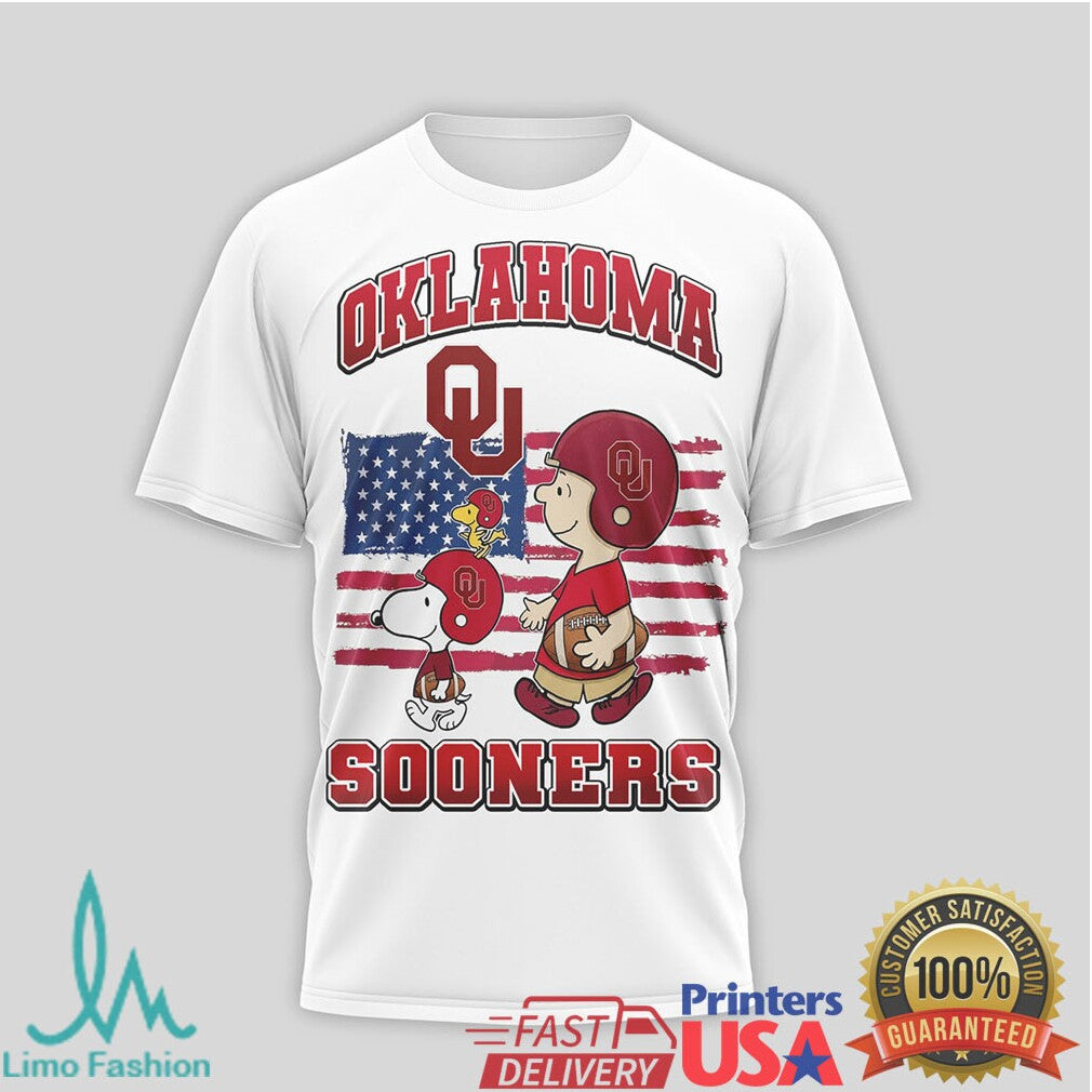 Snoopy & Charlie Brown Oklahoma Sooners US Flag Football T Shirt - Limotees LLC