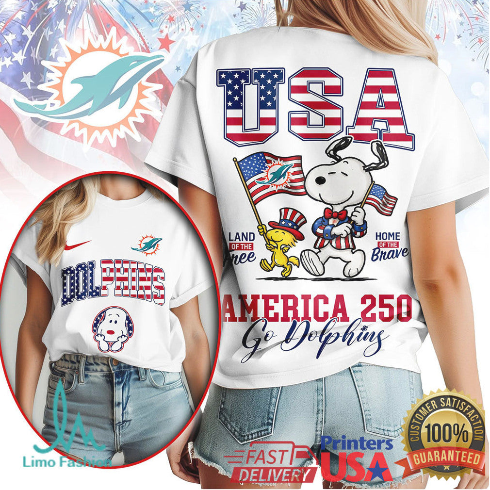 Snoopy Miami Dolphins USA America 250 Go Dolphins Anniversary T Shirt - Limotees LLC