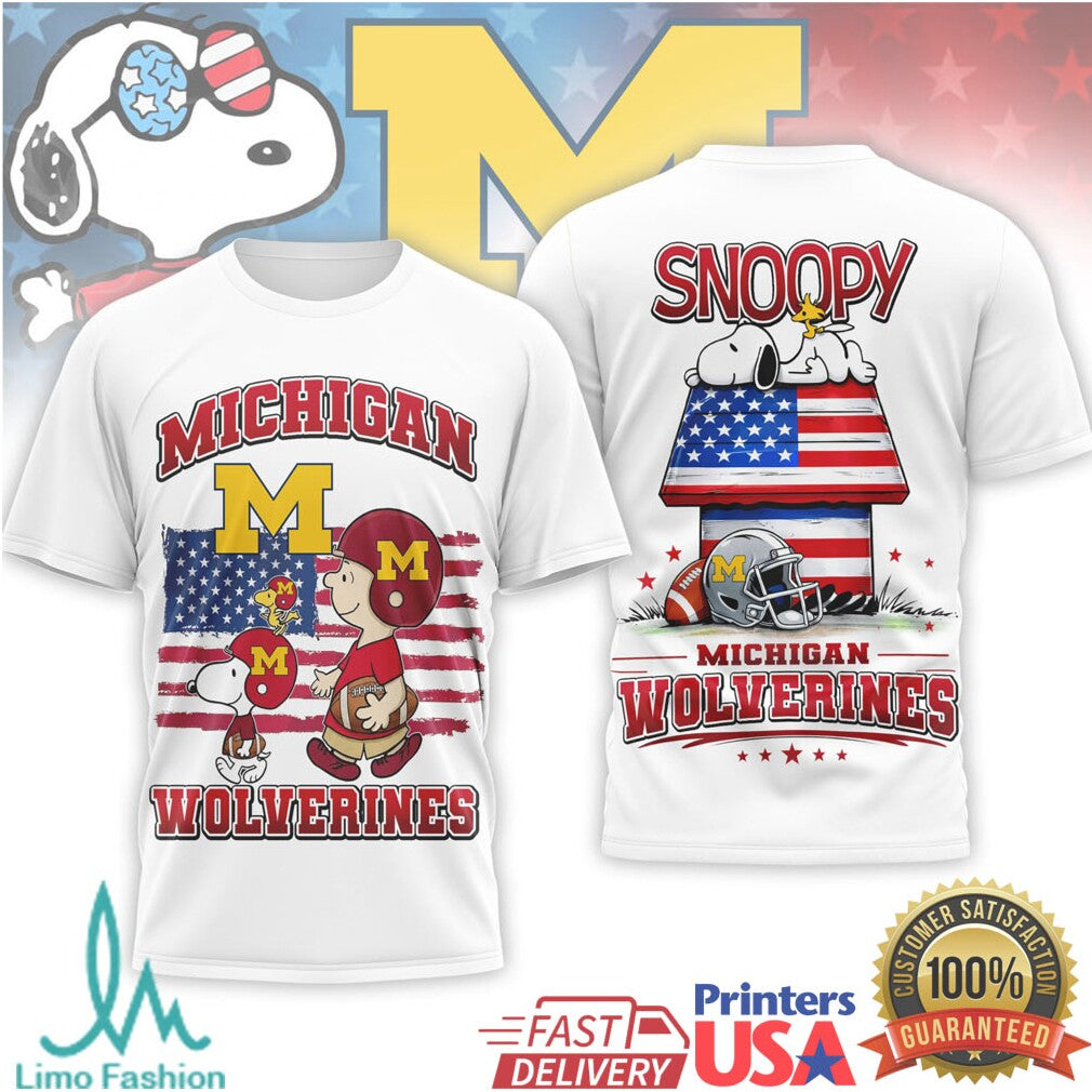 Snoopy Michigan Wolverines American Flag Football Fan T Shirt - Limotees LLC