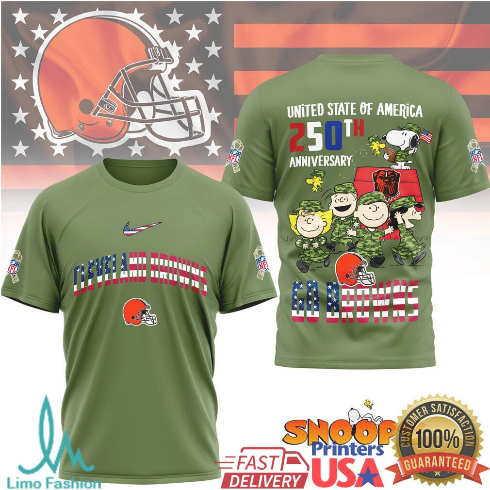 Snoopy Peanuts Cleveland Browns 250th Anniversary Olive Military T Shirt - Limotees LLC