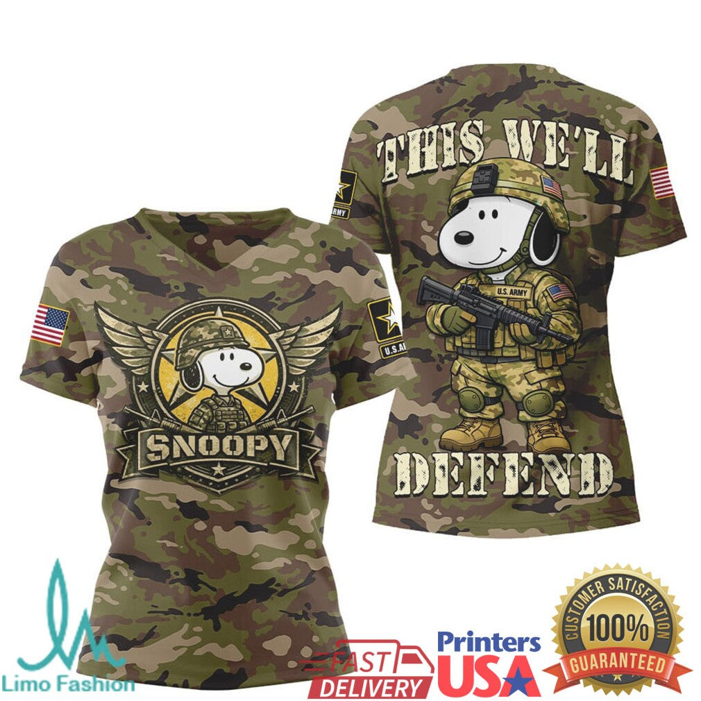 Snoopy U.S. Army Camo T Shirt This We'll Defend Military Tribute Apparel - Limotees LLC