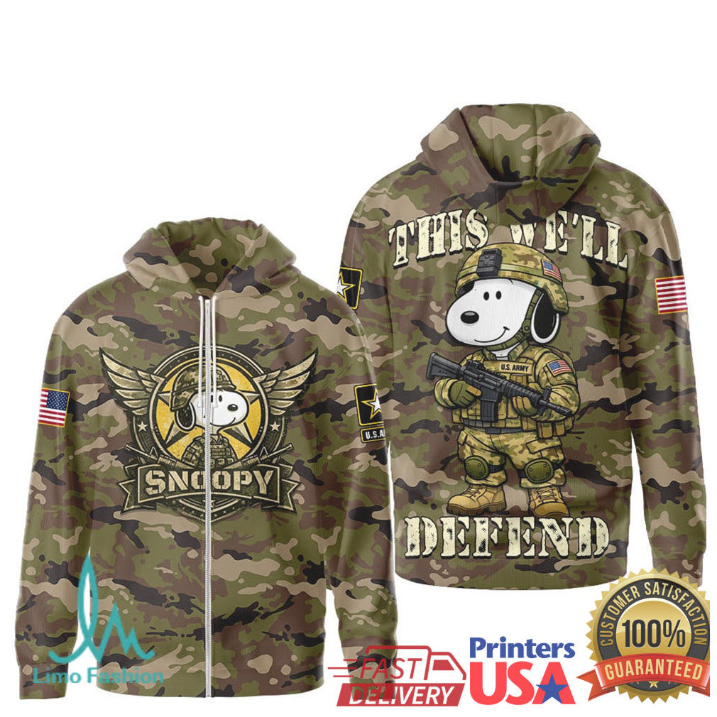 Snoopy U.S. Army Camo T Shirt This We'll Defend Military Tribute Apparel - Limotees LLC