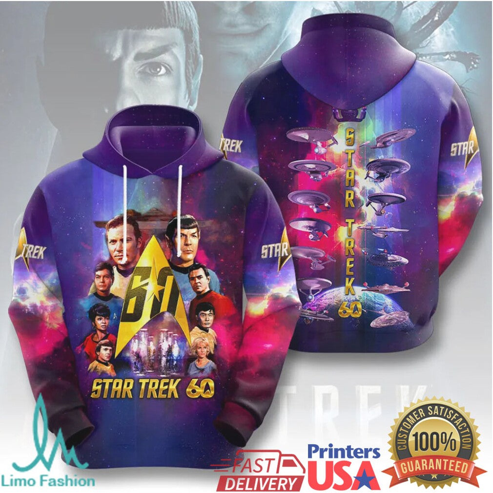 Star Trek 60th Anniversary Diamond Jubilee Multi Character Galaxy Print T Shirt - Limotees LLC