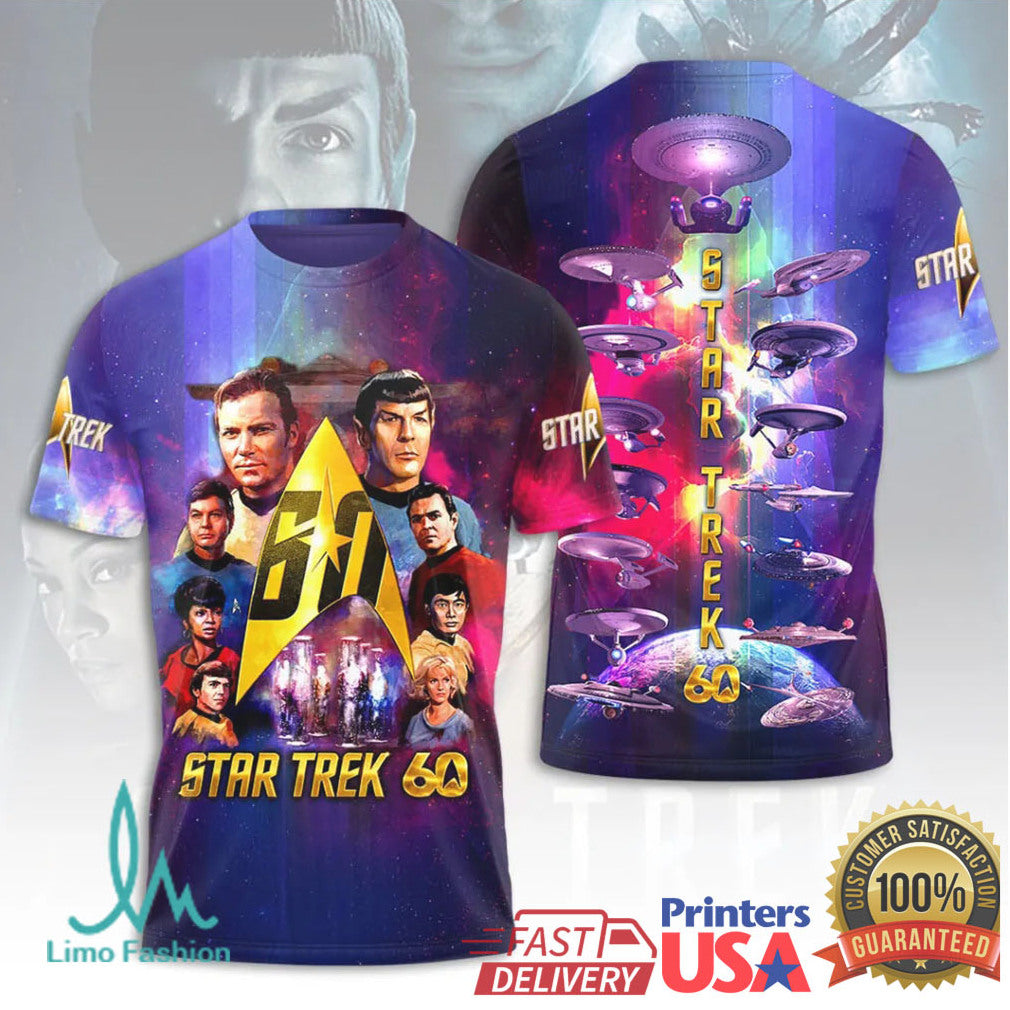 Star Trek 60th Anniversary Diamond Jubilee Multi Character Galaxy Print T Shirt - Limotees LLC