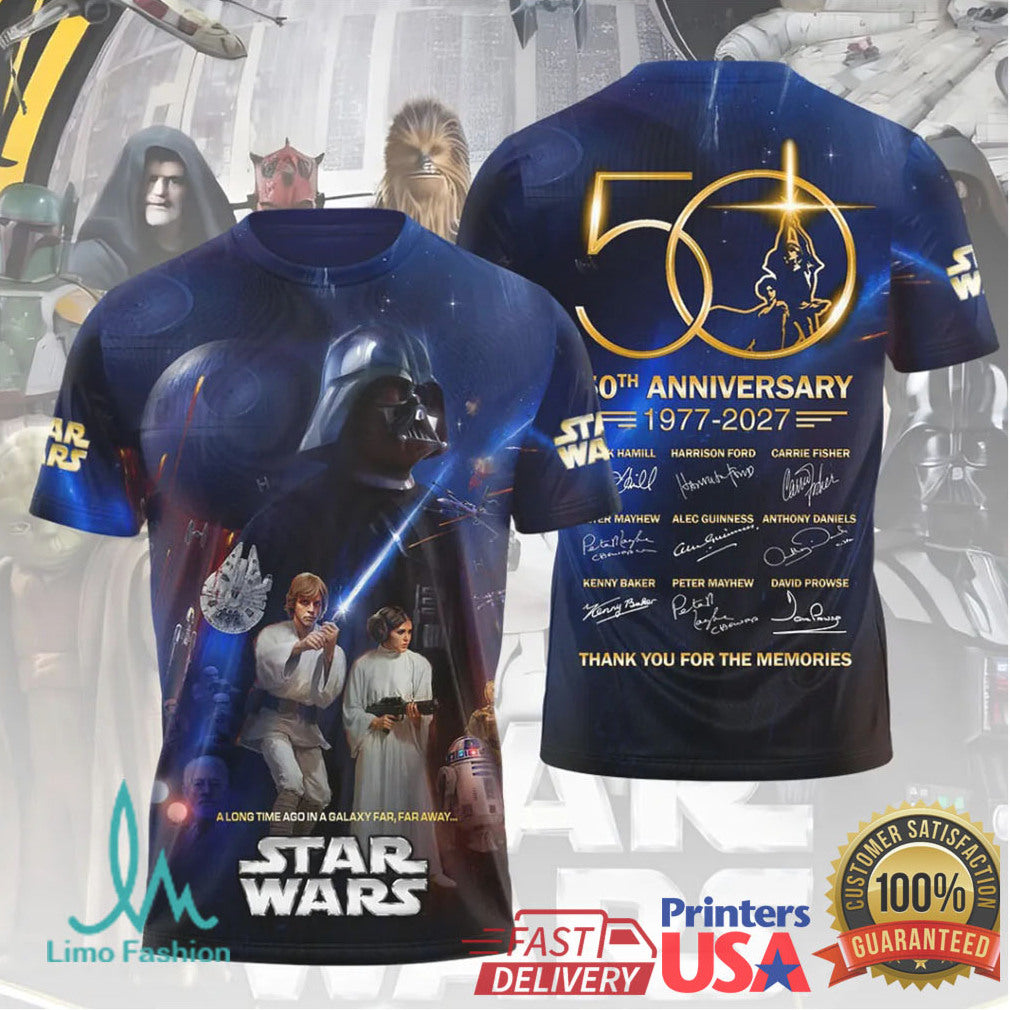 Star Wars 50th Anniversary 1977 2027 Cast Signature Galactic Tribute T Shirt - Limotees LLC