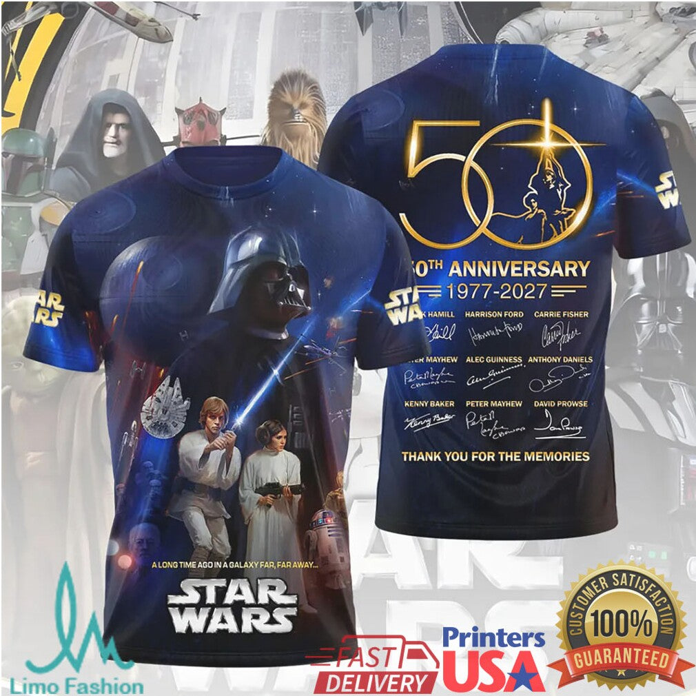 Star Wars 50th Anniversary 1977 2027 Cast Signatures Thank You For The Memories T Shirt - Limotees LLC