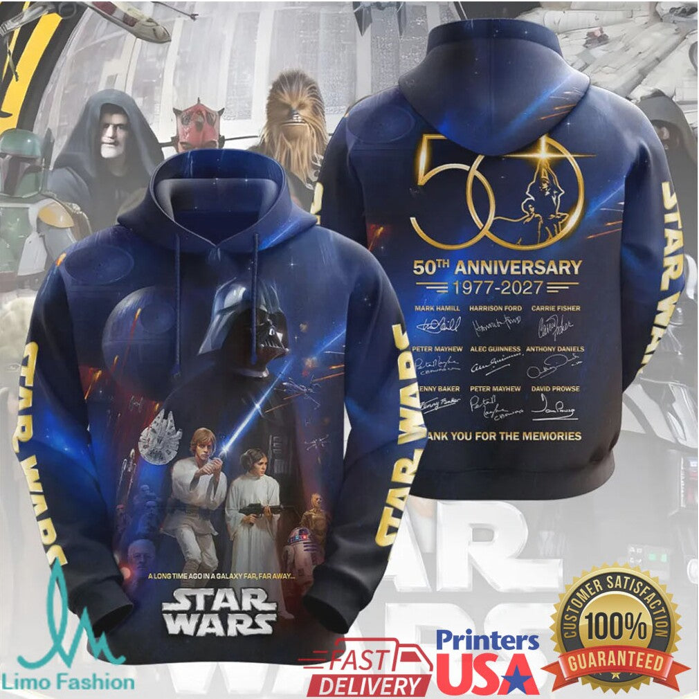 Star Wars 50th Anniversary 1977 2027 Cast Signatures Thank You For The Memories T Shirt - Limotees LLC
