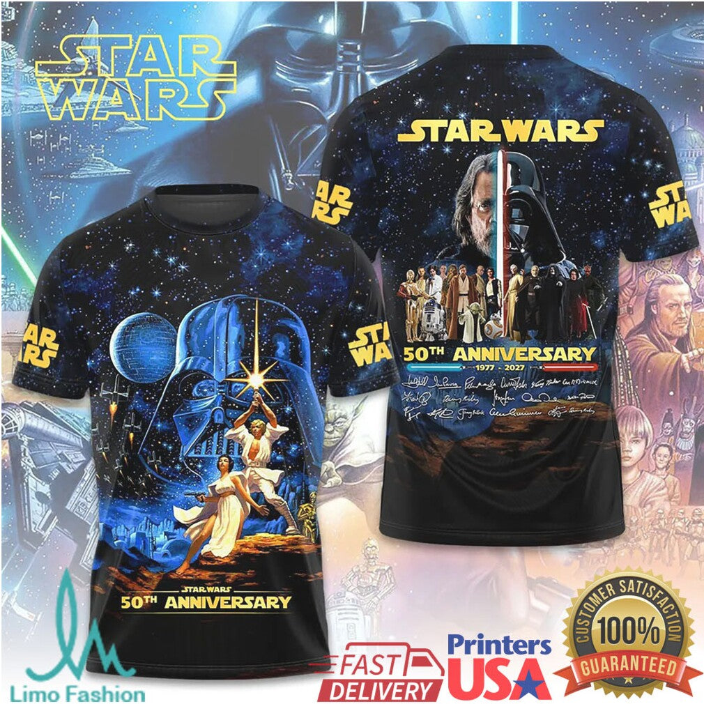 Star Wars 50th Anniversary 1977 2027 Galactic Signature Cast Montage T Shirt - Limotees LLC