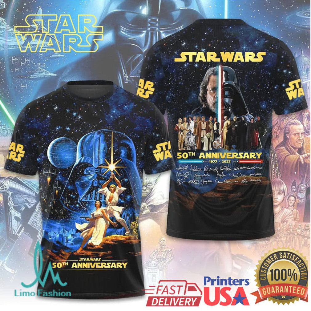 Star Wars 50th Anniversary 1977 2027 Galactic Signature Cast Montage T Shirt - Limotees LLC
