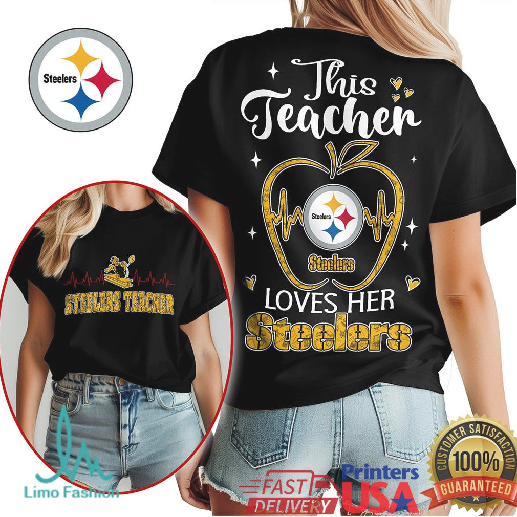 Steelers This Teacher Loves Her Steelers Apple Heartbeat T Shirt - Limotees LLC