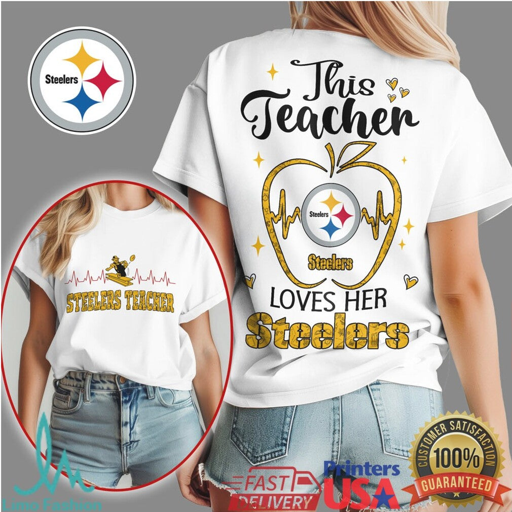 Steelers This Teacher Loves Her Steelers Apple Heartbeat T Shirt - Limotees LLC