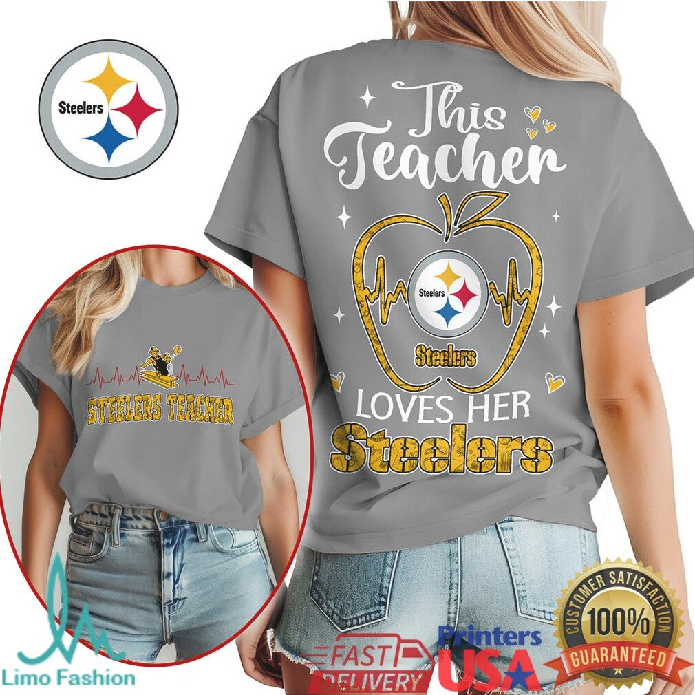 Steelers This Teacher Loves Her Steelers Apple Heartbeat T Shirt - Limotees LLC