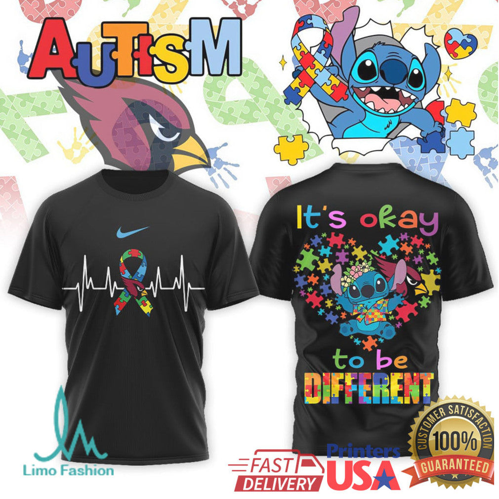 Stitch Arizona Cardinals Autism Awareness It's Okay To Be Different T Shirt - Limotees LLC