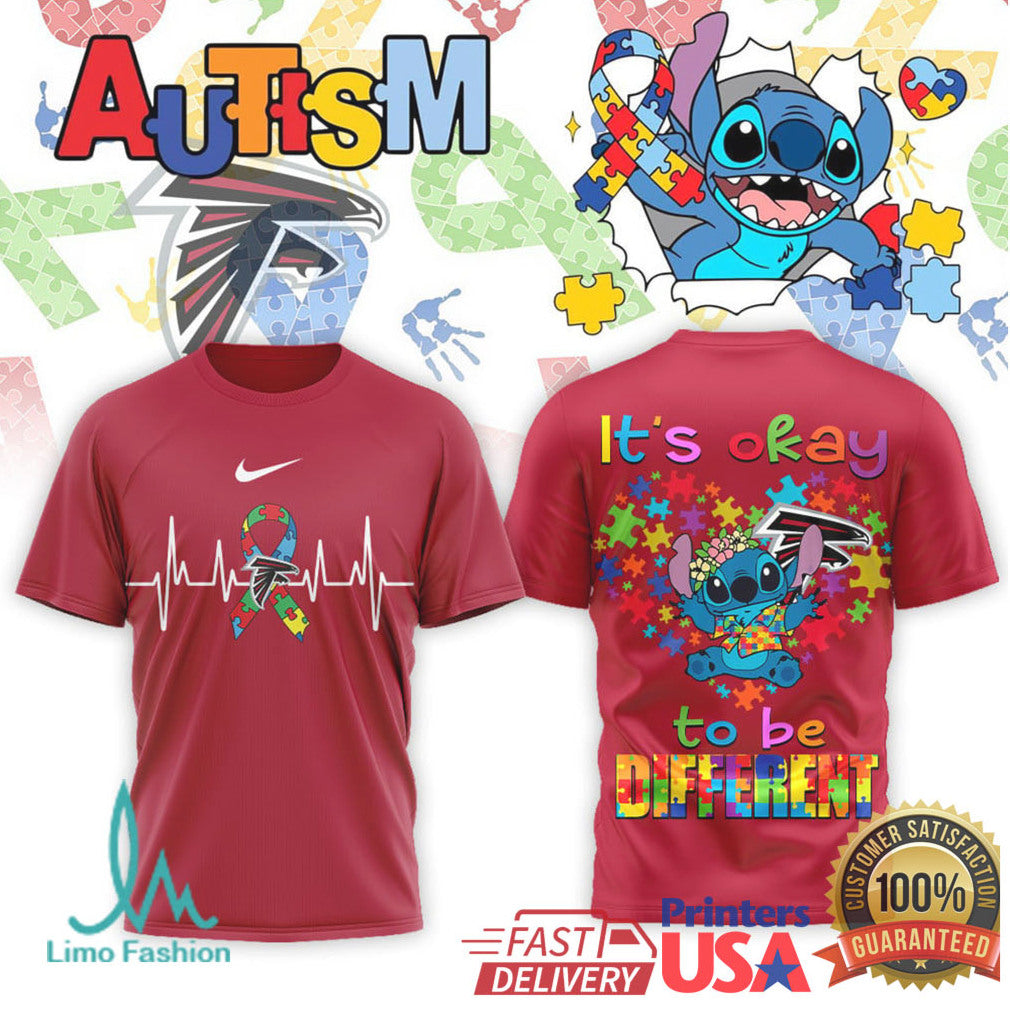 Stitch Atlanta Falcons Autism Awareness It's Okay To Be Different T Shirt - Limotees LLC
