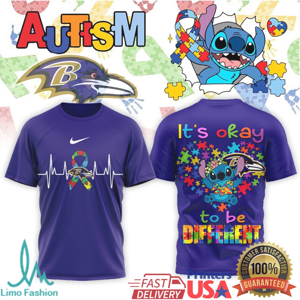 Stitch Baltimore Ravens Autism Awareness It's Okay To Be Different T Shirt - Limotees LLC