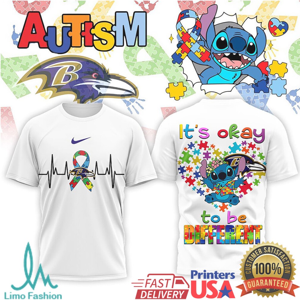 Stitch Baltimore Ravens Autism Awareness It's Okay To Be Different T Shirt - Limotees LLC