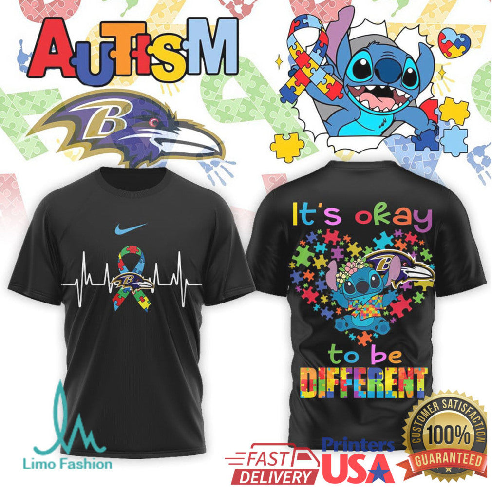 Stitch Baltimore Ravens Autism Awareness It's Okay To Be Different T Shirt - Limotees LLC
