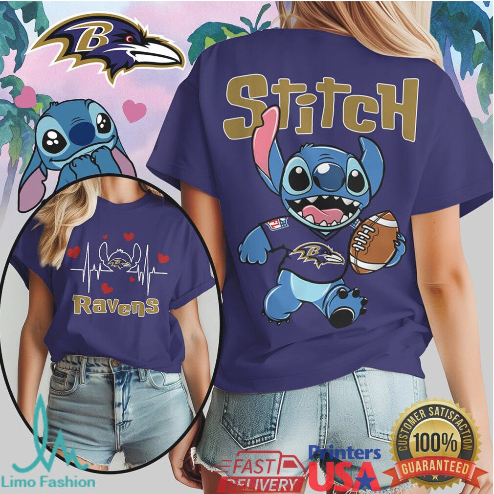 Stitch Baltimore Ravens Football T Shirt Front Heartbeat & Back Print - Limotees LLC