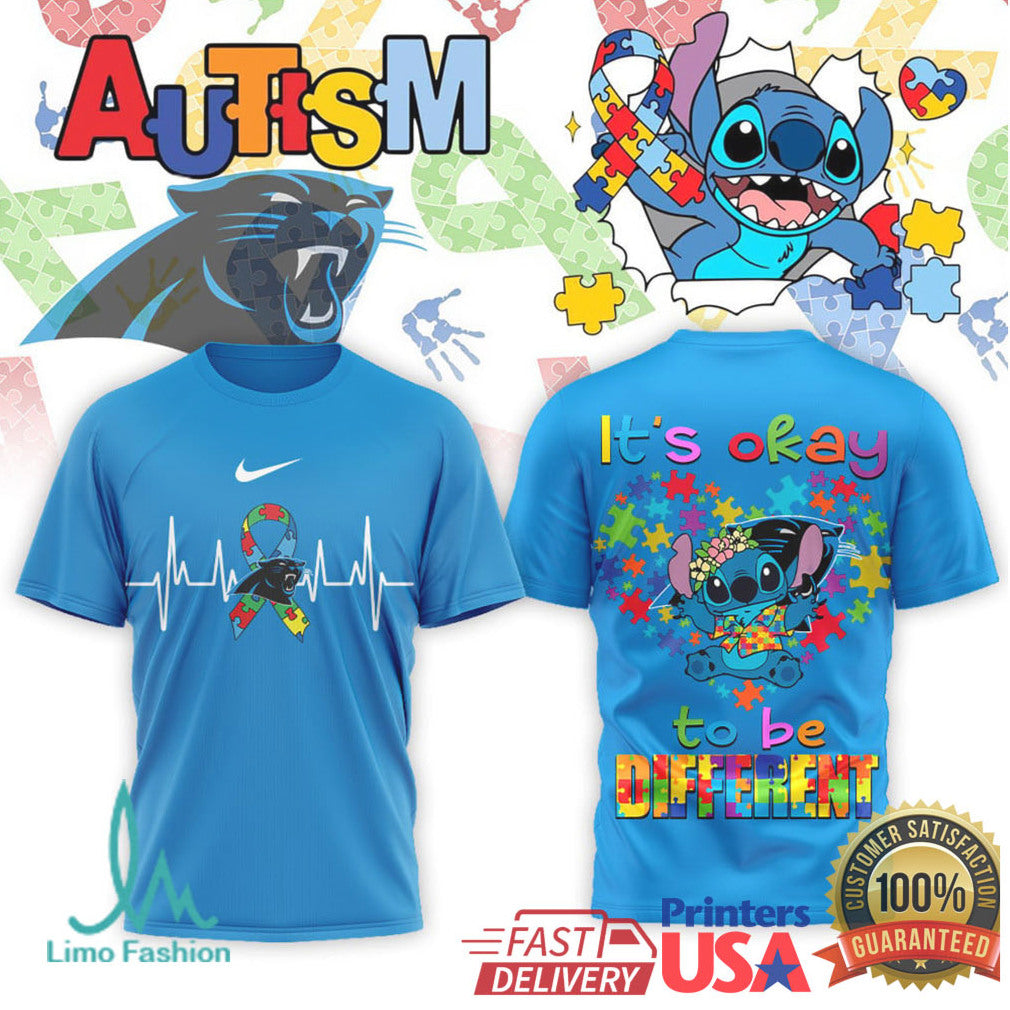 Stitch Carolina Panthers Autism Awareness It's Okay To Be Different T Shirt - Limotees LLC