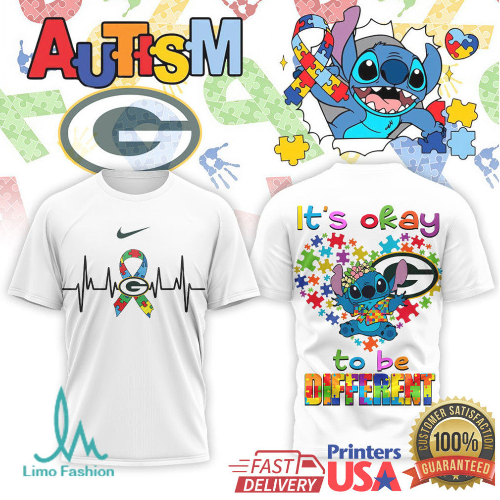 Stitch Green Bay Packers Autism Awareness It's Okay To Be Different T Shirt - Limotees LLC