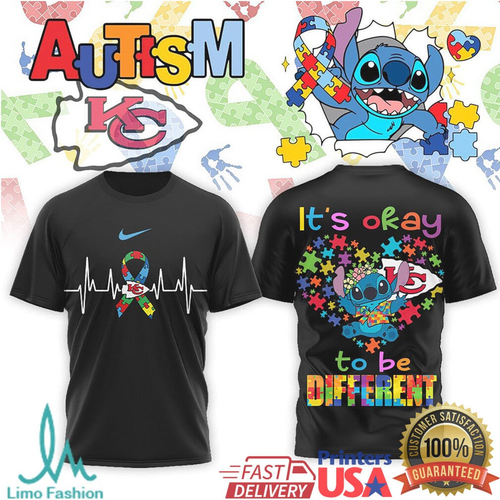 Stitch Kansas City Chiefs Autism Awareness It's Okay To Be Different T Shirt - Limotees LLC
