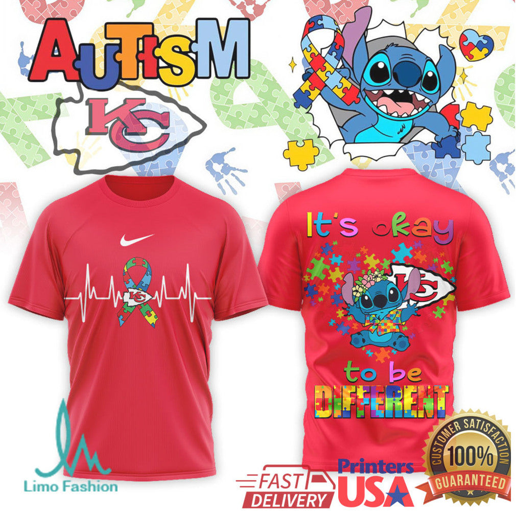 Stitch Kansas City Chiefs Autism Awareness It's Okay To Be Different T Shirt - Limotees LLC