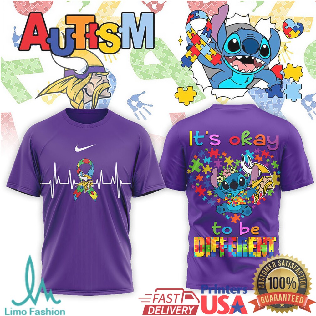 Stitch Minnesota Vikings Autism Awareness It's Okay To Be Different T Shirt - Limotees LLC