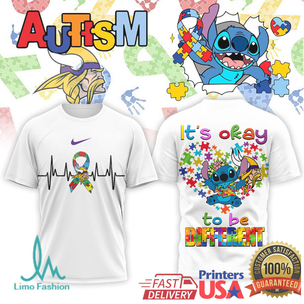 Stitch Minnesota Vikings Autism Awareness It's Okay To Be Different T Shirt - Limotees LLC