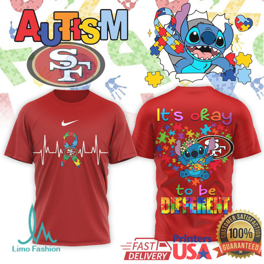 Stitch San Francisco 49ers Autism Awareness It's Okay To Be Different T Shirt - Limotees LLC