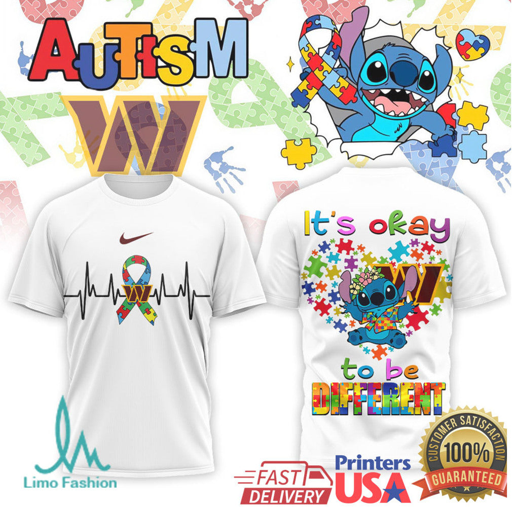 Stitch Washington Commanders Autism Awareness It's Okay To Be Different T Shirt
