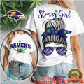 Stoner Girl Messy Bun Baltimore Ravens Marijuana Leaf NFL T Shirt - Limotees LLC