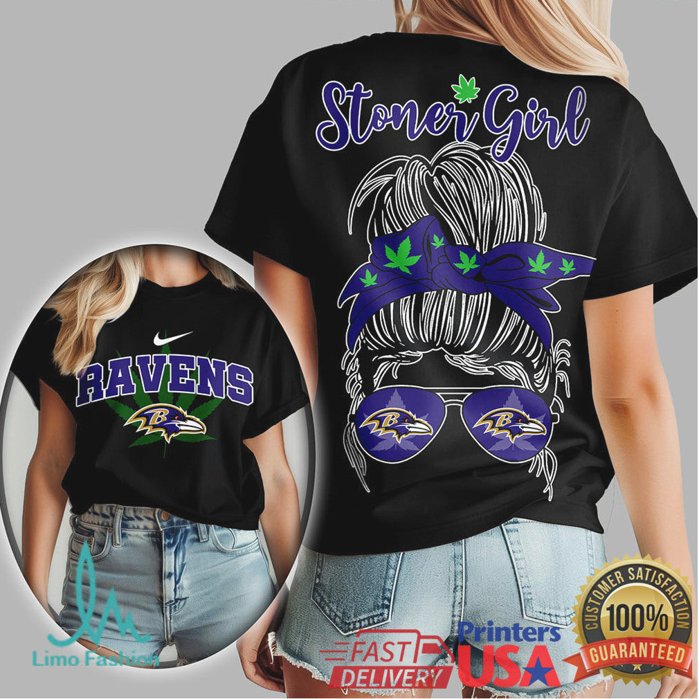 Stoner Girl Messy Bun Baltimore Ravens Marijuana Leaf NFL T Shirt - Limotees LLC