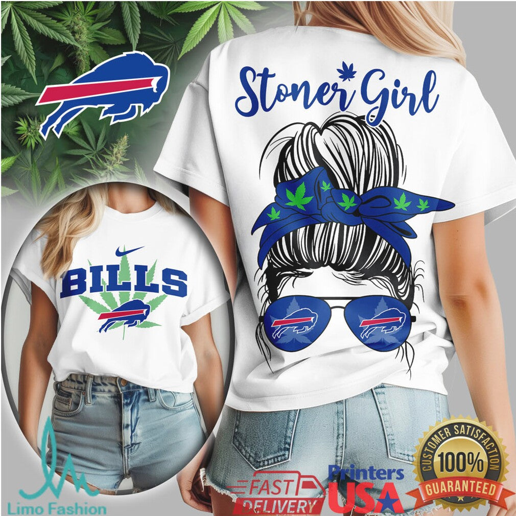 Stoner Girl Messy Bun Buffalo Bills Marijuana Leaf NFL T Shirt - Limotees LLC