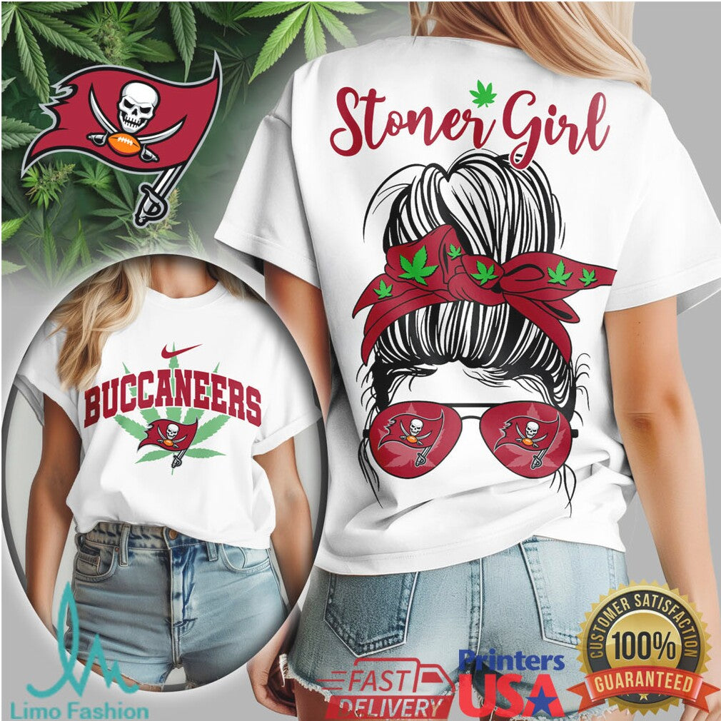 Stoner Girl Messy Bun Tampa Bay Buccaneers Marijuana Leaf NFL T Shirt - Limotees LLC