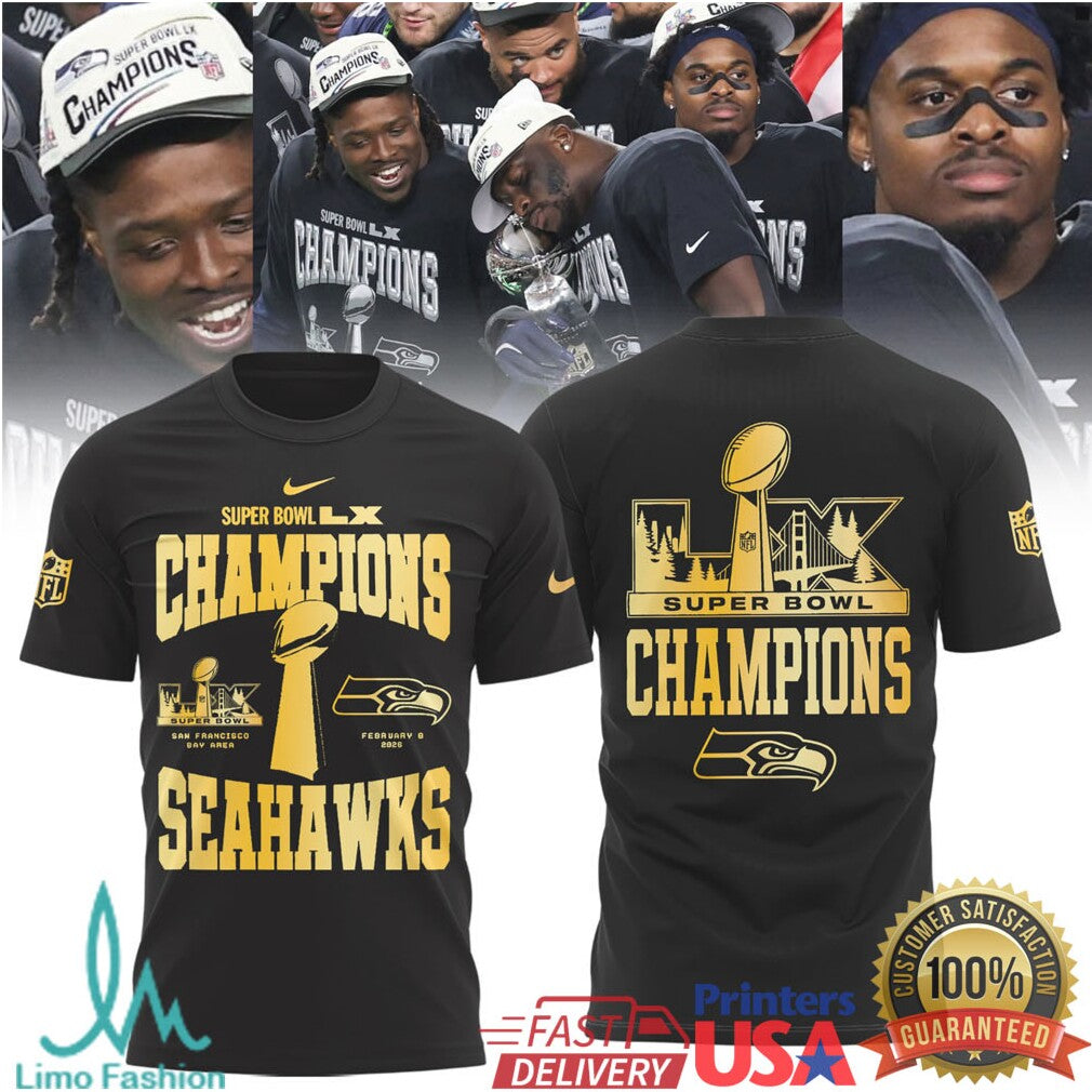 Super Bowl LX Champions Seattle Seahawks Gold Trophy Edition T Shirt & Hoodie - Limotees LLC