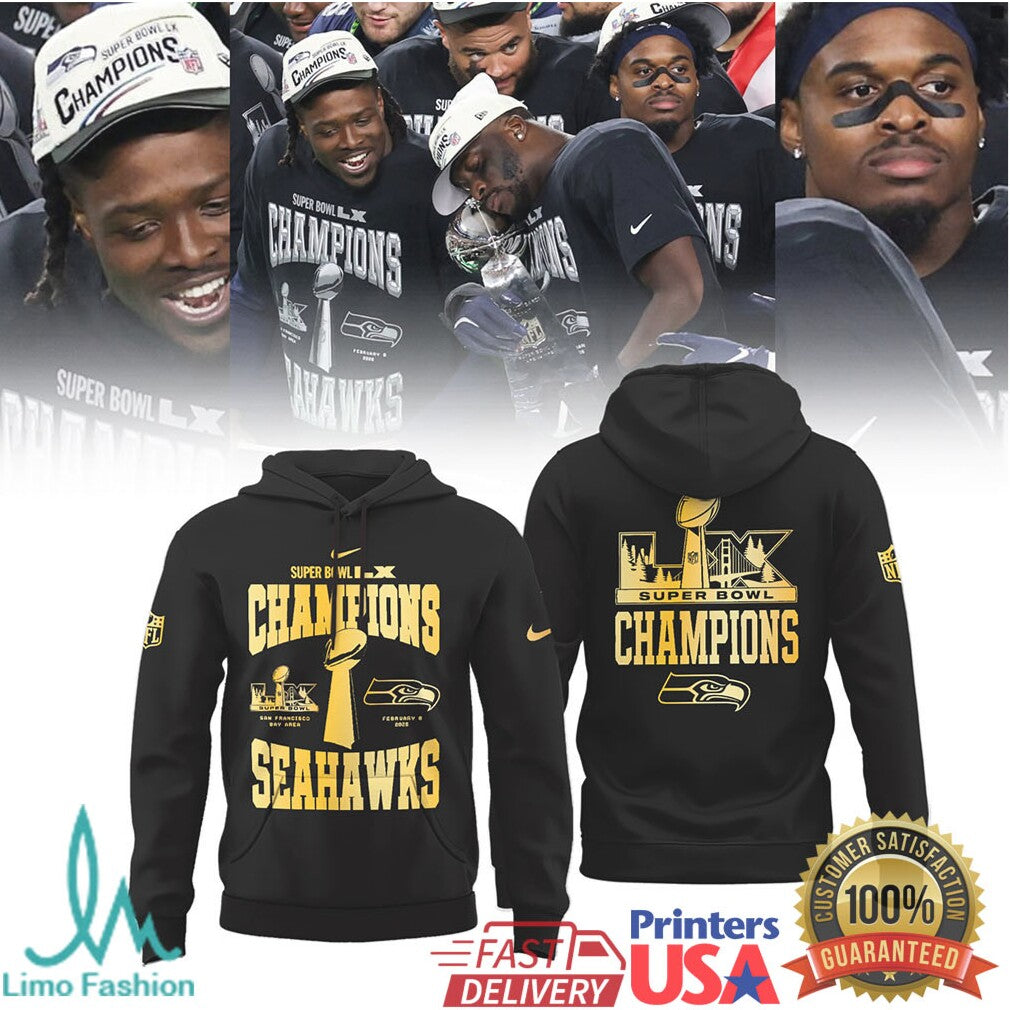 Super Bowl LX Champions Seattle Seahawks Gold Trophy Edition T Shirt & Hoodie - Limotees LLC