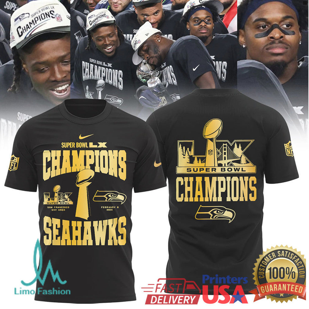Super Bowl LX Champions Seattle Seahawks Gold Trophy Edition T Shirt & Hoodie - Limotees LLC