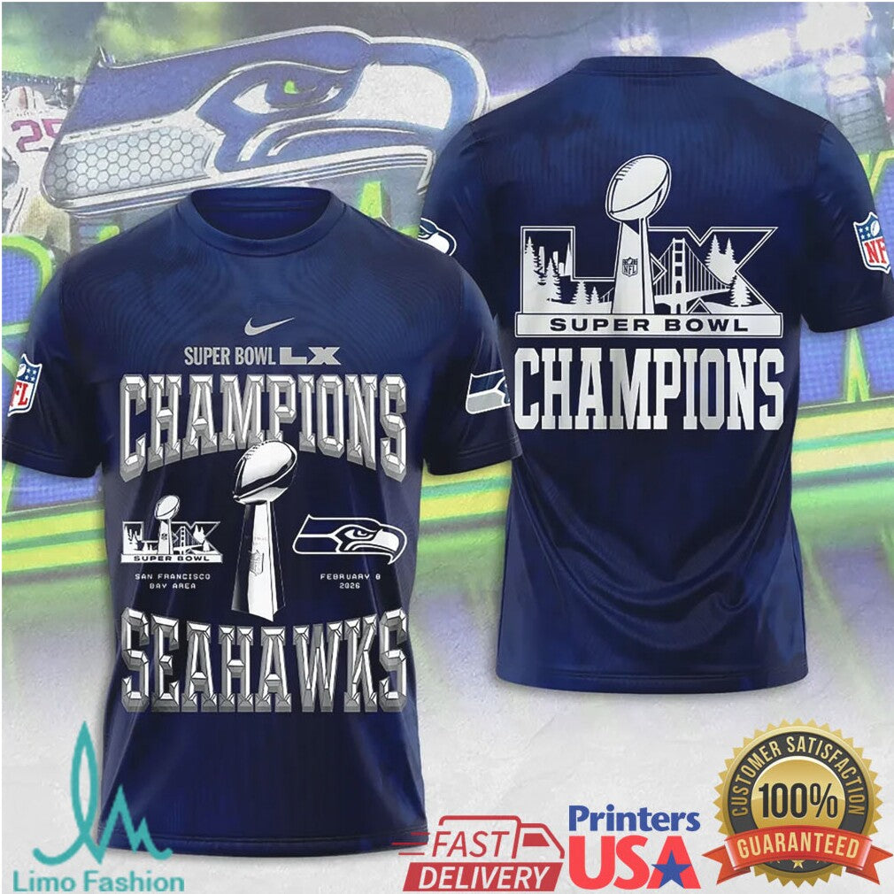 Super Bowl LX Champions Seattle Seahawks Metallic Silver Trophy Graphic Apparel - Limotees LLC