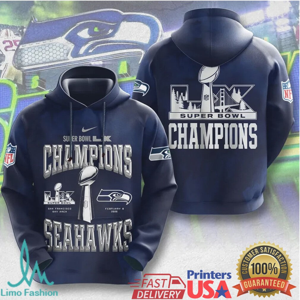Super Bowl LX Champions Seattle Seahawks Metallic Silver Trophy Graphic Apparel - Limotees LLC