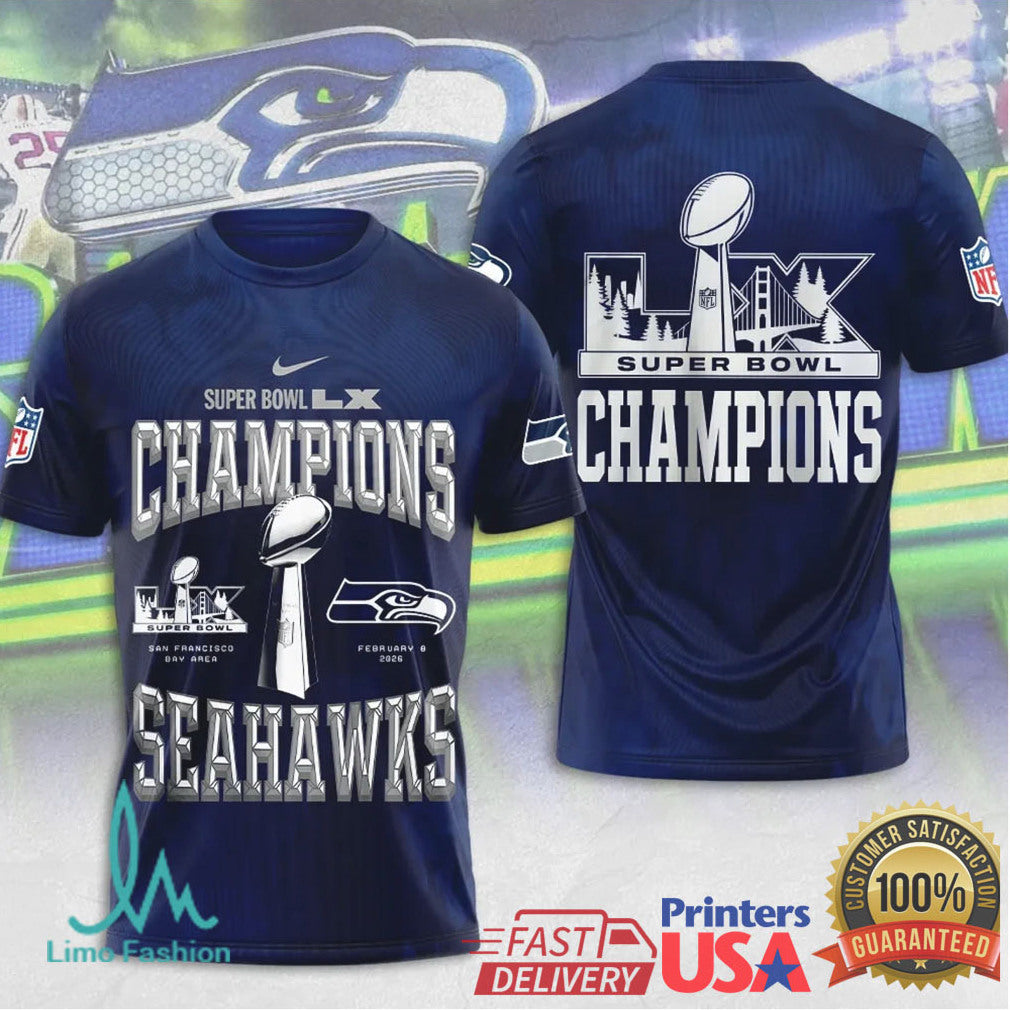 Super Bowl LX Champions Seattle Seahawks Metallic Silver Trophy Graphic Apparel - Limotees LLC