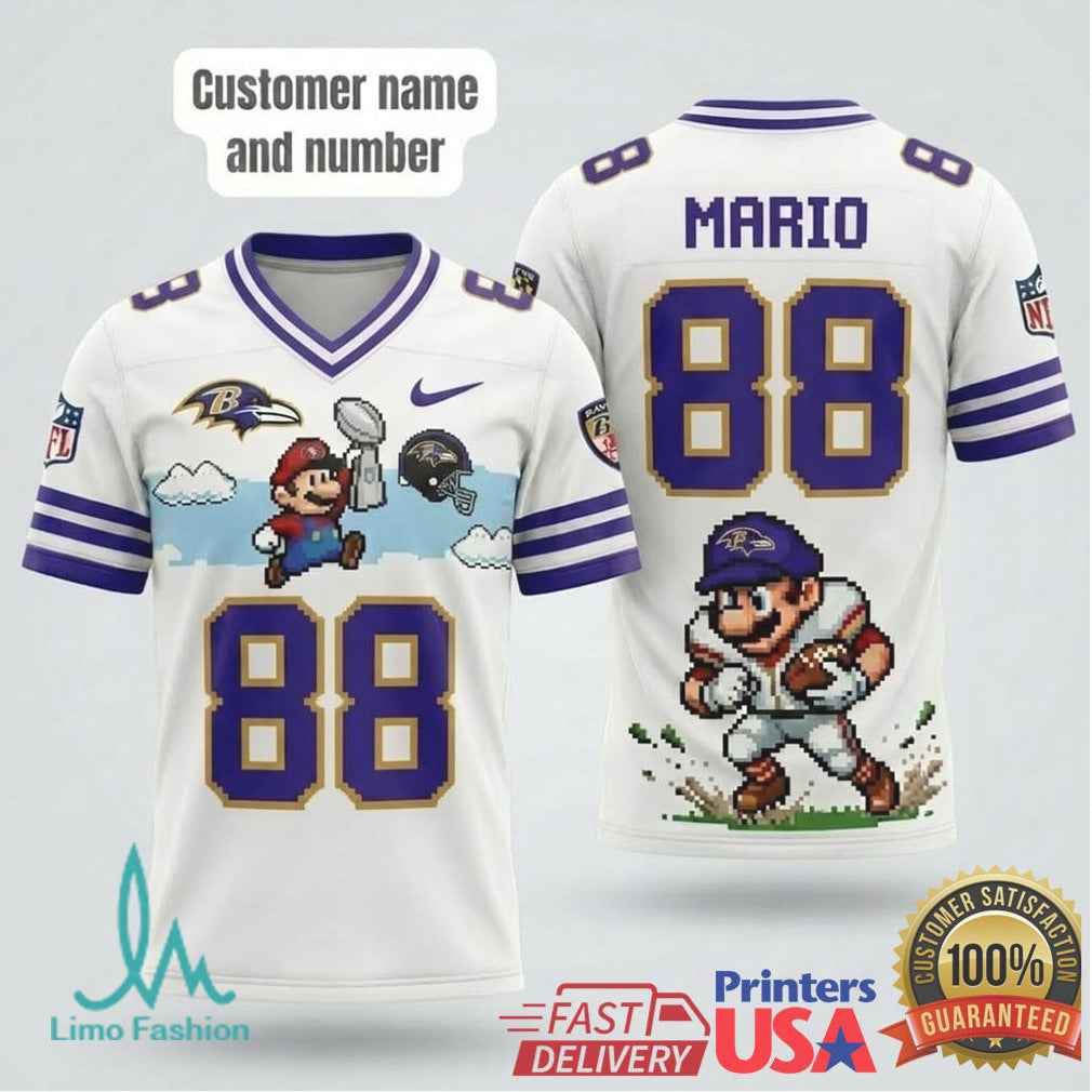 Super Mario Baltimore Ravens Custom NFL T Shirt Personalized Name and Number 88 - Limotees LLC