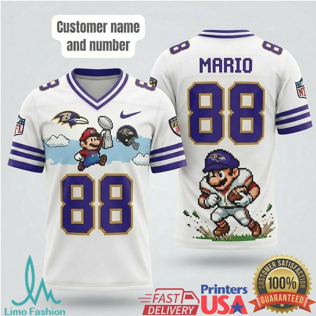 Super Mario Baltimore Ravens Custom NFL T Shirt Personalized Name and Number 88 - Limotees LLC