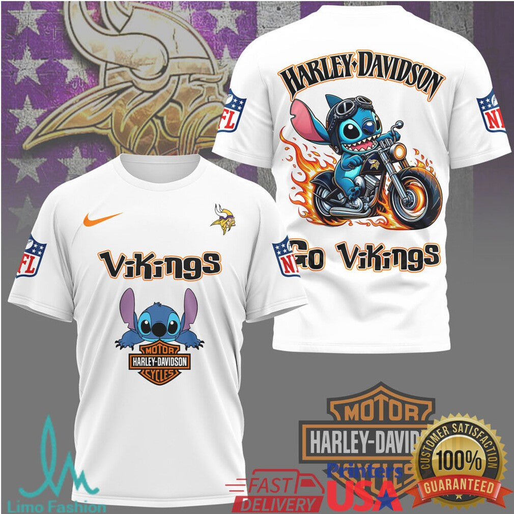 Minnesota Vikings Official NFL Stitch Harley Davidson 3D Shirt - Limotees LLC