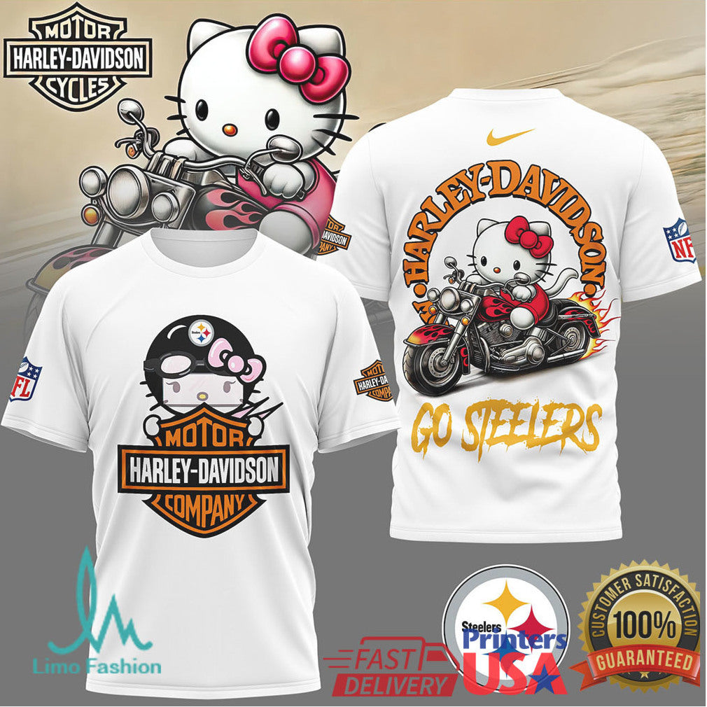 Pittsburgh Steelers Official NFL Hello Kitty Harley Davidson 3D Shirt - Limotees LLC
