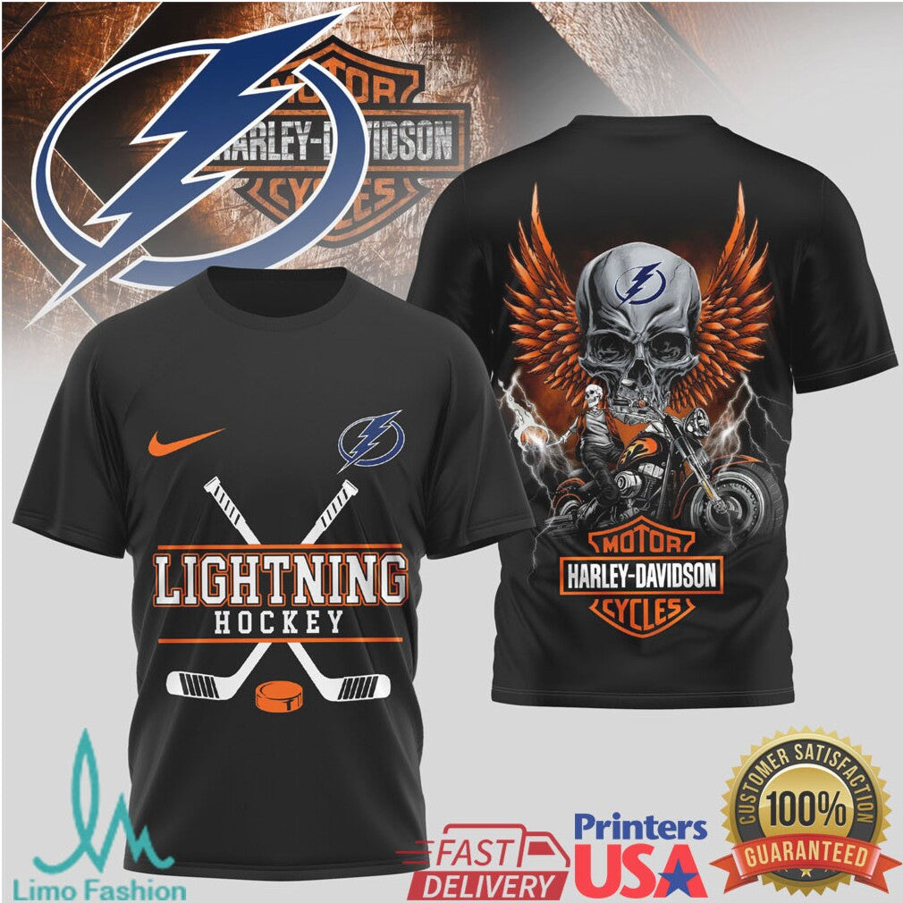 Tampa Bay Lightning Hockey x Harley Davidson Skull Wing Biker T Shirt - Limotees LLC