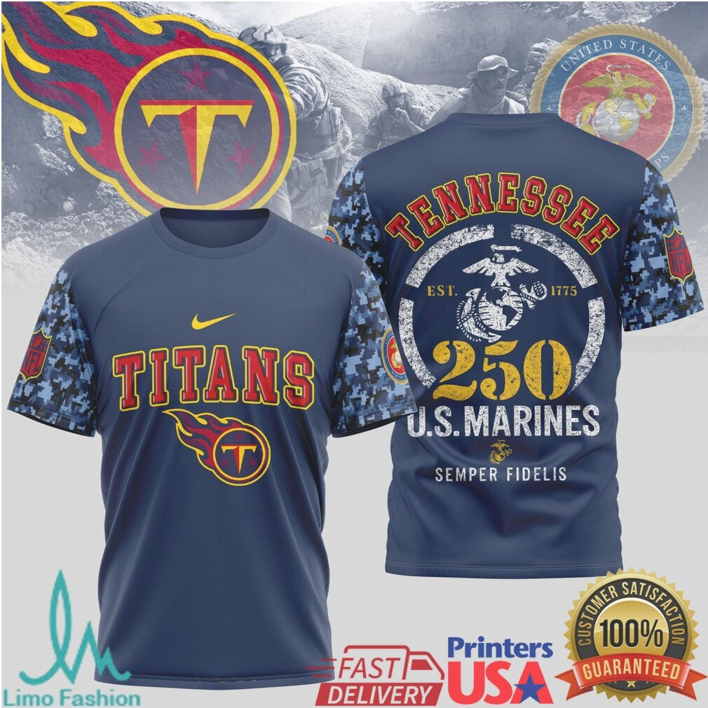 Tennessee Titans US Marine Corps 250th Anniversary Navy T Shirt - Limotees LLC