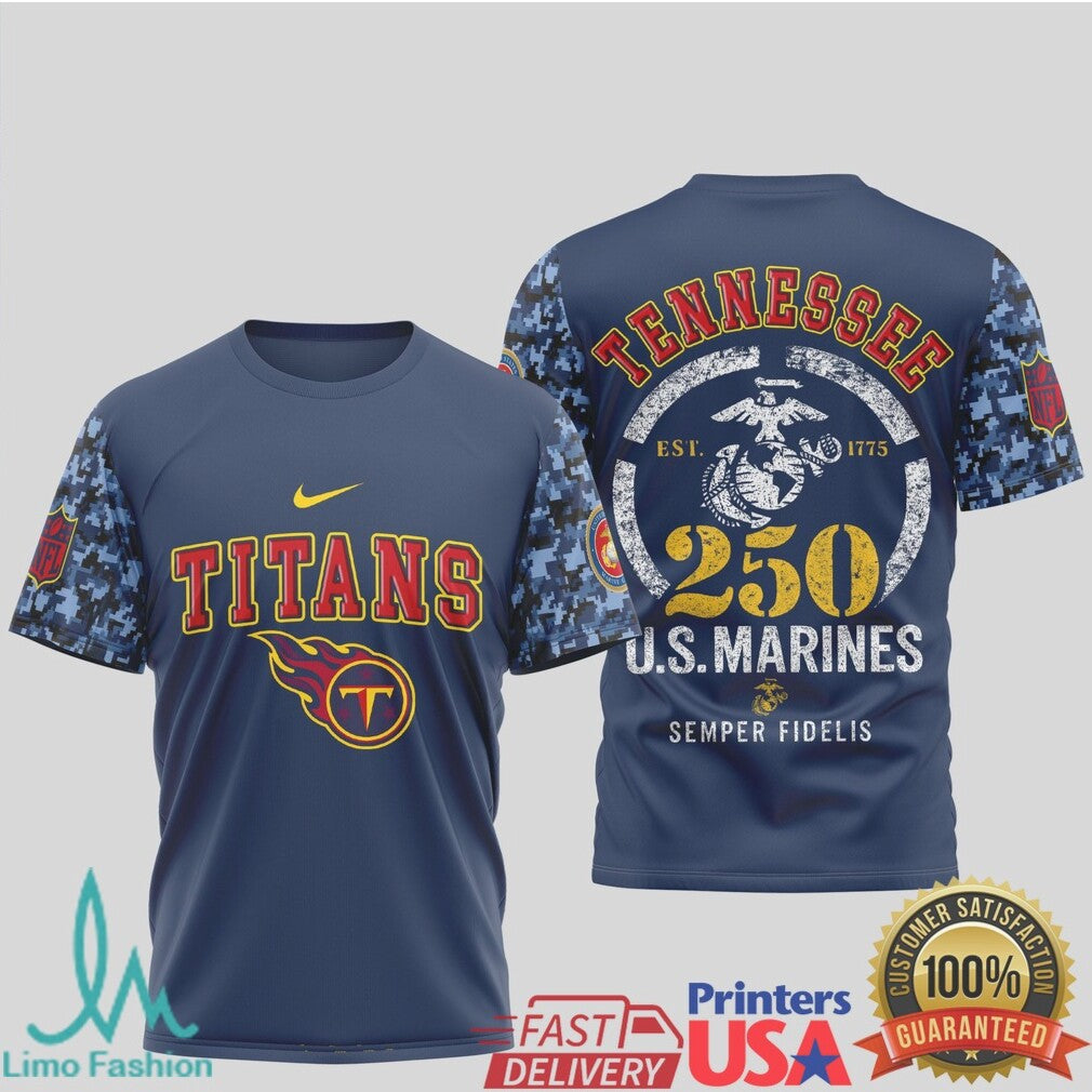 Tennessee Titans US Marine Corps 250th Anniversary Navy T Shirt - Limotees LLC